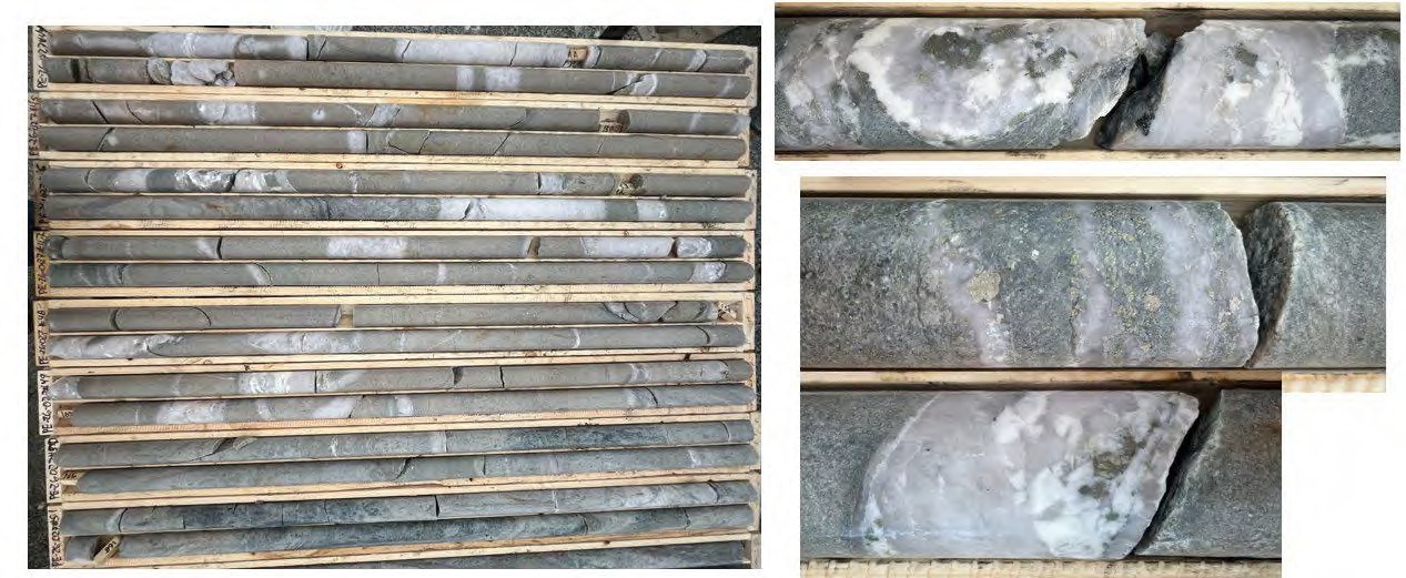 146.00 - 163.00 metres: High density section of Quartz-Ankerite extensional veins injected in felsic dyke. 